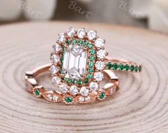 Anillo de compromiso de moissanita de corte esmeralda, anillo de Halo Vintage, conjunto nupcial de oro rosa, anillo de gemas verdes, anillo de promesa de diamante de moissanita para mujer