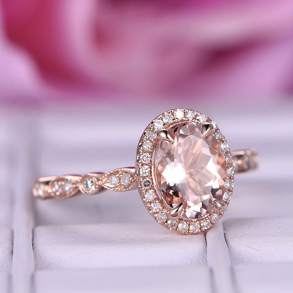 6x8mm Morganite Engagement Ring Rose Gold Diamond Halo Ring Anniversary Rings For Women Oval Cut Natural Morganite Diamond Ring Vintage Ring