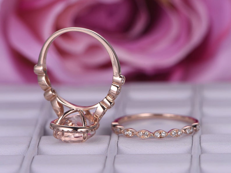 BartUSgem: Tear drop natural morganite engagement ring with diamond halo, art deco diamond wedding stacking ring set.