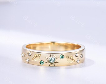 Sun Moss Agate Emerald Galaxy Wedding Band Solid Gold 6mm Unique Celestial Planet Starry Stack Ring Green Gemstones Cosmic Astrology Ring