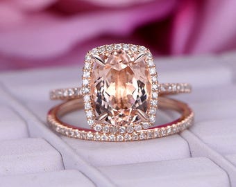 14k Rose Gold Morganite Engagement Ring Set: Cushion Diamond Halo