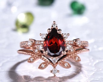 Birnenform Dunkelrot Granat 14k Rose Gold Braut Ring Set Moissanite Diamant Gebogen Art Deco Stapelbar Hochzeit Band Frauen Filigran Januar