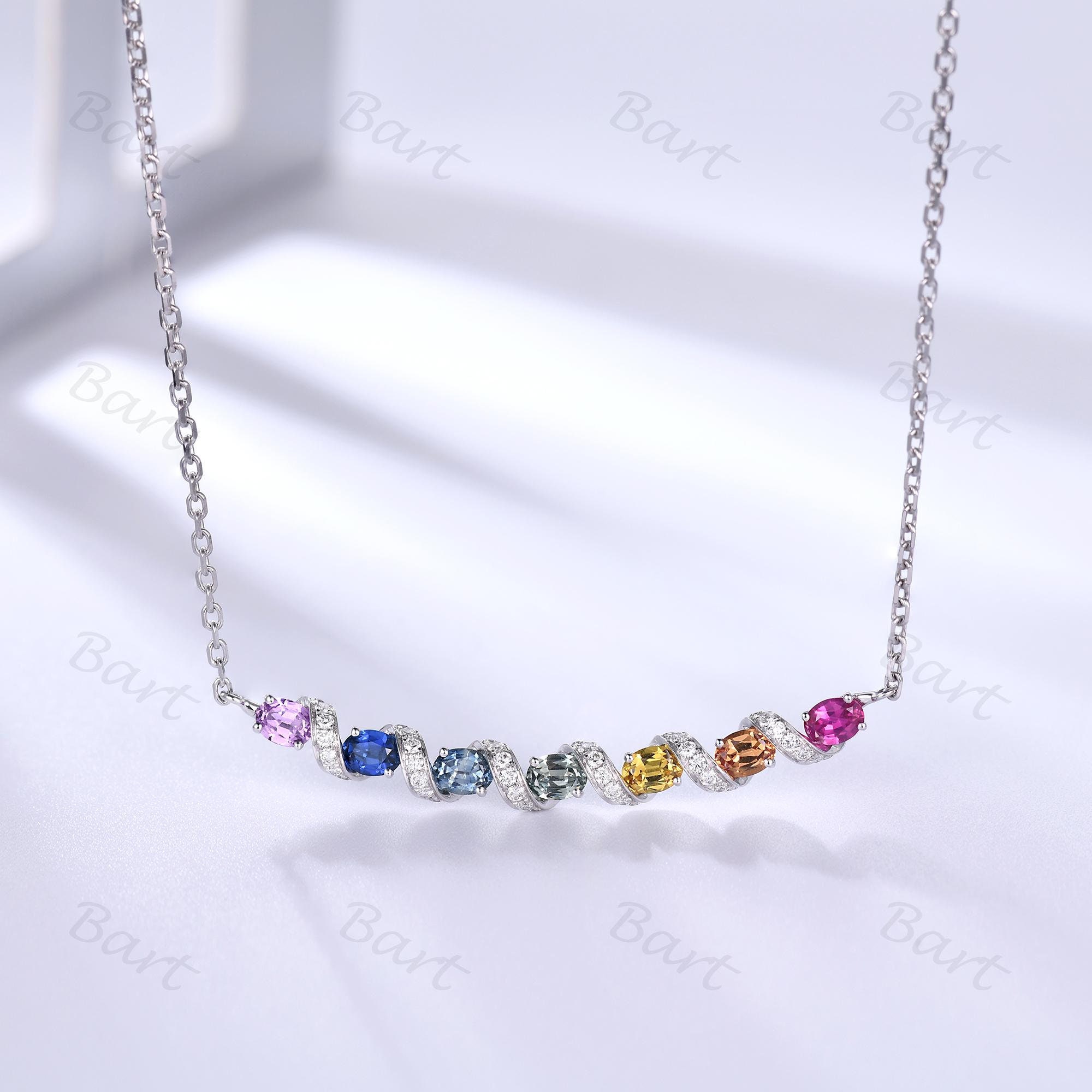 Creative Oval Rainbow natural sapphire Gene Chain Shaped Necklace Curve Bar Layered Pendant DNA Necklace w/ Sep Birthstones science genetics