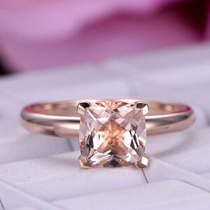BartUSgem- 7mm Cushion Cut Natural Morganite Ring in 14k Solid Rose Gold, Plain Gold Band, Prong Set, 1.65ct Pink/Peach Morganite Engagement Ring, Women Daily Ring
