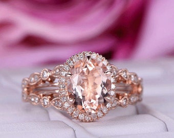 8x10mm Oval Cut Natural Pink Morganite Engagement Ring 14k Rose Gold Ring Split Diamond Band Morganite Women Promise Ring Diamond Halo Ring