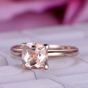 BartUSgem- 7mm Cushion Cut Natural Morganite Ring in 14k Solid Rose Gold, Plain Gold Band, Prong Set, 1.65ct Pink/Peach Morganite Engagement Ring, Women Daily Ring