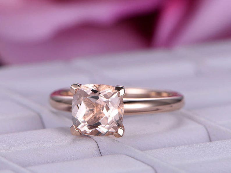 BartUSgem- 7mm Cushion Cut Natural Morganite Ring in 14k Solid Rose Gold, Plain Gold Band, Prong Set, 1.65ct Pink/Peach Morganite Engagement Ring, Women Daily Ring