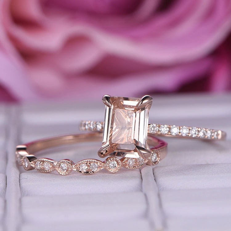 2 pcs 6x8mm Morganite wedding ring set/Diamond Engagement ring | Etsy