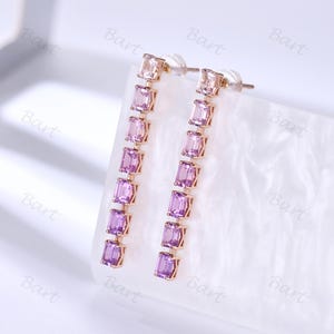 14K rose gold rainbow pastel sapphire drop earrings, pink natural sapphire ombre drop earrings, emerald cut 7-stone sapphire Long earrings