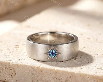 6mm Mens Alexandrite North Star Wedding Band Sterling Silver Brushed Finish June Birthstone Celestial Compass Ring Anniversary Gift for Him
