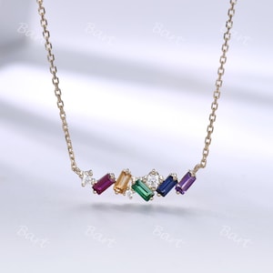 S925 Yellow Gold Sapphire Multicolour Rainbow Gemstone Necklace,Baguette Necklace Mix Scattered Mini Bar Pendant,Girl&#39;s Birthstone Necklace