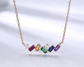 S925 Yellow Gold Sapphire Multicolour Rainbow Gemstone Necklace,Baguette Necklace Mix Scattered Mini Bar Pendant,Girl&#39;s Birthstone Necklace