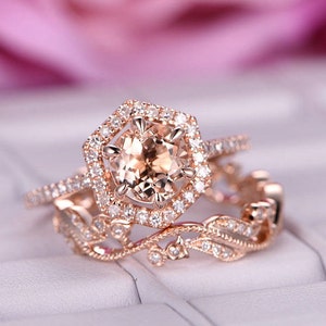 Pink Morganite 14k Rose Gold Natural Diamond Engagement Wedding Ring Set Filigree Vintage Stacking Matching Band Unique Anniversary Gift