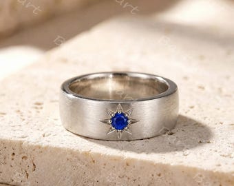 6mm Wide Mens Blue Sapphire North Star Wedding Band Sterling Silver Brushed Finish September Birthstone Anniversary Gift for Him