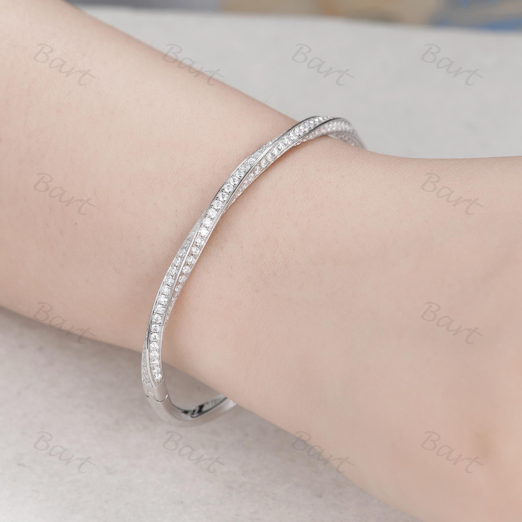 【HYERES LOR】25SS★ Silver Moissanite Full Pave Slim Bangle Running Moissanite Bangle Bracelet, Moissanite Cross Pave