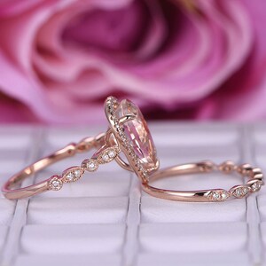 BartUSgem: Tear drop natural morganite engagement ring with diamond halo, art deco diamond wedding stacking ring set.