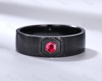 Black Gold Mens Hexagon Ruby Wedding Band Mens Red Ruby Brush Matte Stacking Matching Band Retro Vintage Ring Gift for July Birth Boyfriends