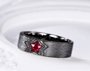 Mens Star Shape Ruby Wedding Band Silver Black Gold Solitaire Ruby Stack Ring Brushed Minimalist July Birthstone Men Anniversary Ring