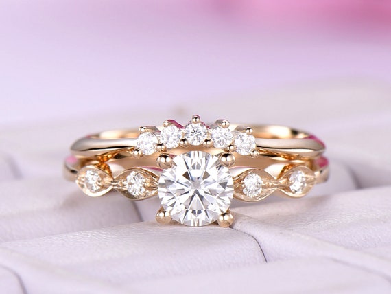Moissanite Wedding Ring Set 14k Yellow Gold Engagement Bridal | Etsy
