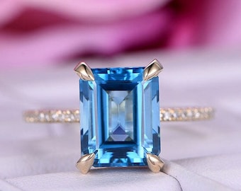 8x10mm Emerald Cut 3.8ct London Blue Topaz Engagement ring/14k Yellow gold diamond band/Halo Stacking/Half Eternity wedding ring/Birthstone