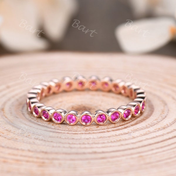 Full eternity ruby wedding band art decoo stacking ring for women July birthstone ring promise anniversary gift unique customized band