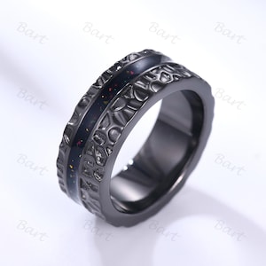 Hammered Meteorite Ring Cool black gold Nebula Men Marriage Ring 8mm Enamel men&#39;s Meteorite Wedding Band Silver Retro Band for Him Husband