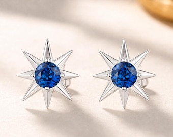 Blue Sapphire Celestial Star Stud Earrings Sterling Silver September Birthstone Ear Studs Blue Gemstone Earrings Gift for Him and Her