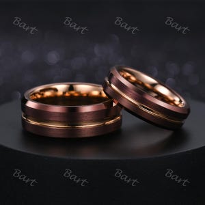 6mm 8mm Coffee Brown Brushed Matte Band Mens Engagement Ring Rose Gold Tungsten Ring Beveled Edge His and Hers rings Couple Wedding Band