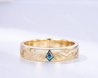 Kite Cut Alexandrite Mountain Wedding Band Solid 14k Yellow Gold 4mm Wide Sun Moon Star Engraved Stackable Ring Nature Landscape Ring