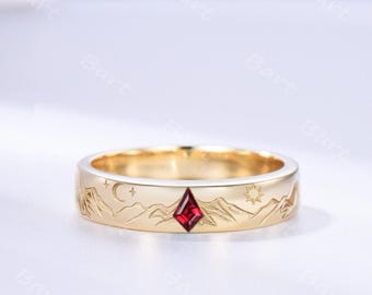 4mm Celestial Kite Cut Ruby Mountain Landscape Wedding Band Solid Gold Red Gemstone Sun Moon Star Engraved Stackable Ring for Him and Her