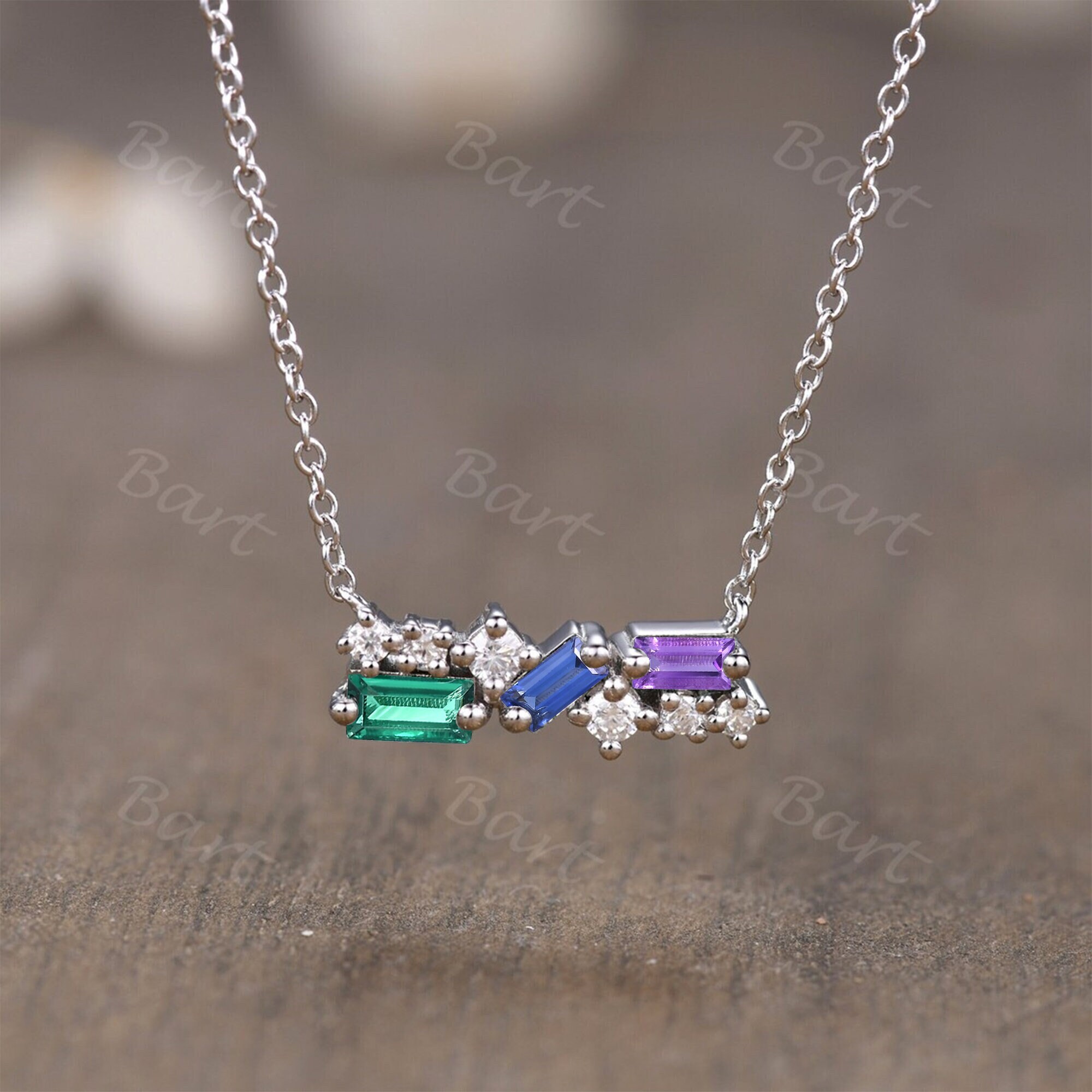 Baguette Blue Sapphire Cluster Necklace With Chain, Silver