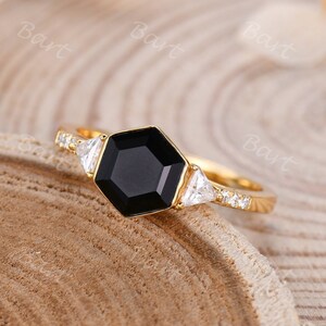Bezel Hexagon Black Onyx Wedding Ring With Trillion Moissanite Side Stone 7x6mm Black Spinel Ring For Women 14K Yellow Gold Three Stone Ring