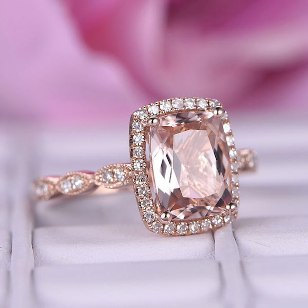 Cushion Cut Pink-peachy Morganite Engagement Ring,14k Rose Gold Morganite Bridal Ring,Unique Diamond Wedding Band,Women Anniversary Gift