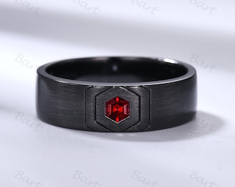 Black Gold Mens Hexagon Garnet Wedding Band Mens Gemstone Brush Matte Stacking Matching Band Retro Vintage Ring Gift for New Year Boyfriends