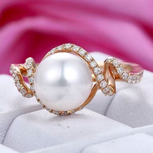 14k White Pearl Engagement Ring June birthstone ring for Women Freshwater Pearl Ring, Elegant Pearl Rose Gold Ring Cute Proposal Ring Gift