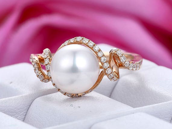 Anello di fidanzamento con perla bianca 14k, anello con pietra