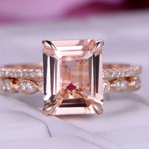 Vintage Emerald cut morganite engagement rings for women Morganite ring set Curved wedding band Promise ring set Morganite jewelry Rose gold