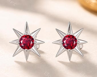 Celestial Star Ruby Stud Earrings Silver White Gold Red Gemstones Earring July Birthstone Minimalist Statement Earring Gift for Him and Her