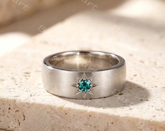 6mm Mens Emerald North Star Wedding Band Sterling Silver Brushed Finish Green Gemstone Celestial Ring May Birthstone Compass Ring for Him