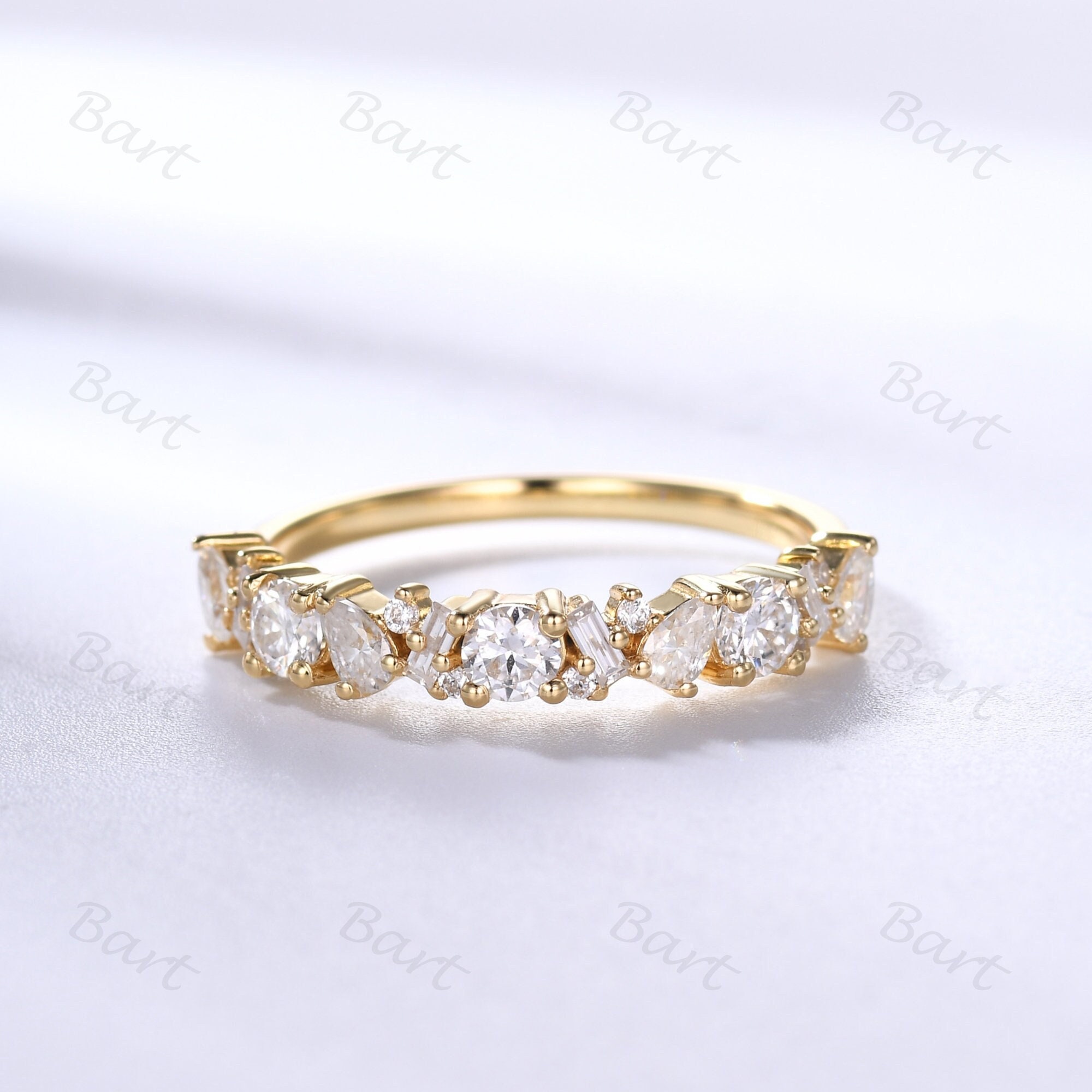 Multi-Shape Moissanite Wedding Band Women Yellow Gold Stacking Band Moissanite Pear Round Baguette Mix Cut Cluster Ring Half Eternity Design