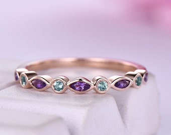 Amethyst Color Change Alexandrite Wedding Band 14k Rose Gold Half Eternity Engagement Ring Marquise Stacking Matching Anniversary Gift