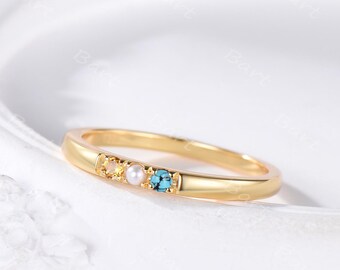 2mm Citrine Pearl Turquoise Gold Wedding Band Minimalist 3 Family Birthstone Mother Ring Simple Personalized 3 Gemstone Stack Ring for Her