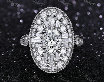 Anillo de bailarina con diamantes cultivados en laboratorio ovalados: doble halo de oro de 14 k