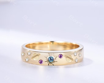 Celestial Alexandrite Amethyst Sun Moon Galaxy Wedding Band Solid Gold Star Planet Stack Ring 6mm Wide Astrology Cosmic Stackable Ring