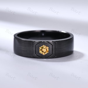 Mens Citrine Wedding Band Hexagon Cut Yellow Crystal Band Black Gold Ring Brushed Stacking Matching Band Retro Vintage Ring Gift for Him