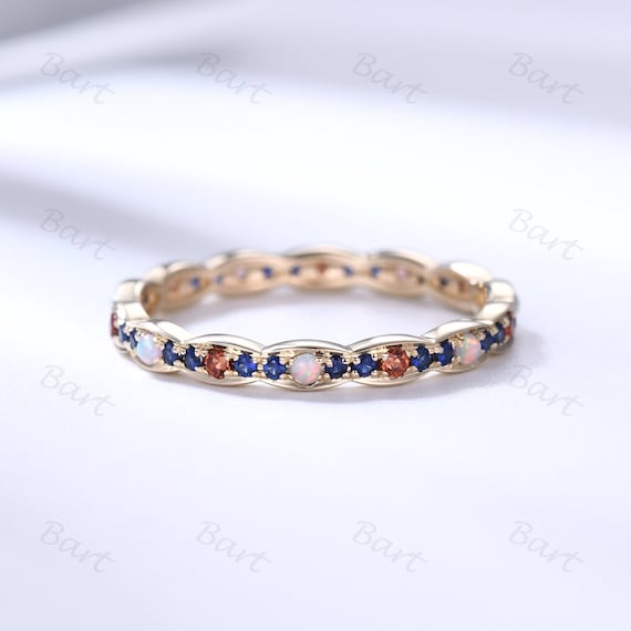 オパール、ガーネット、サファイアの14Kゴールド結婚指輪、エタニティ 