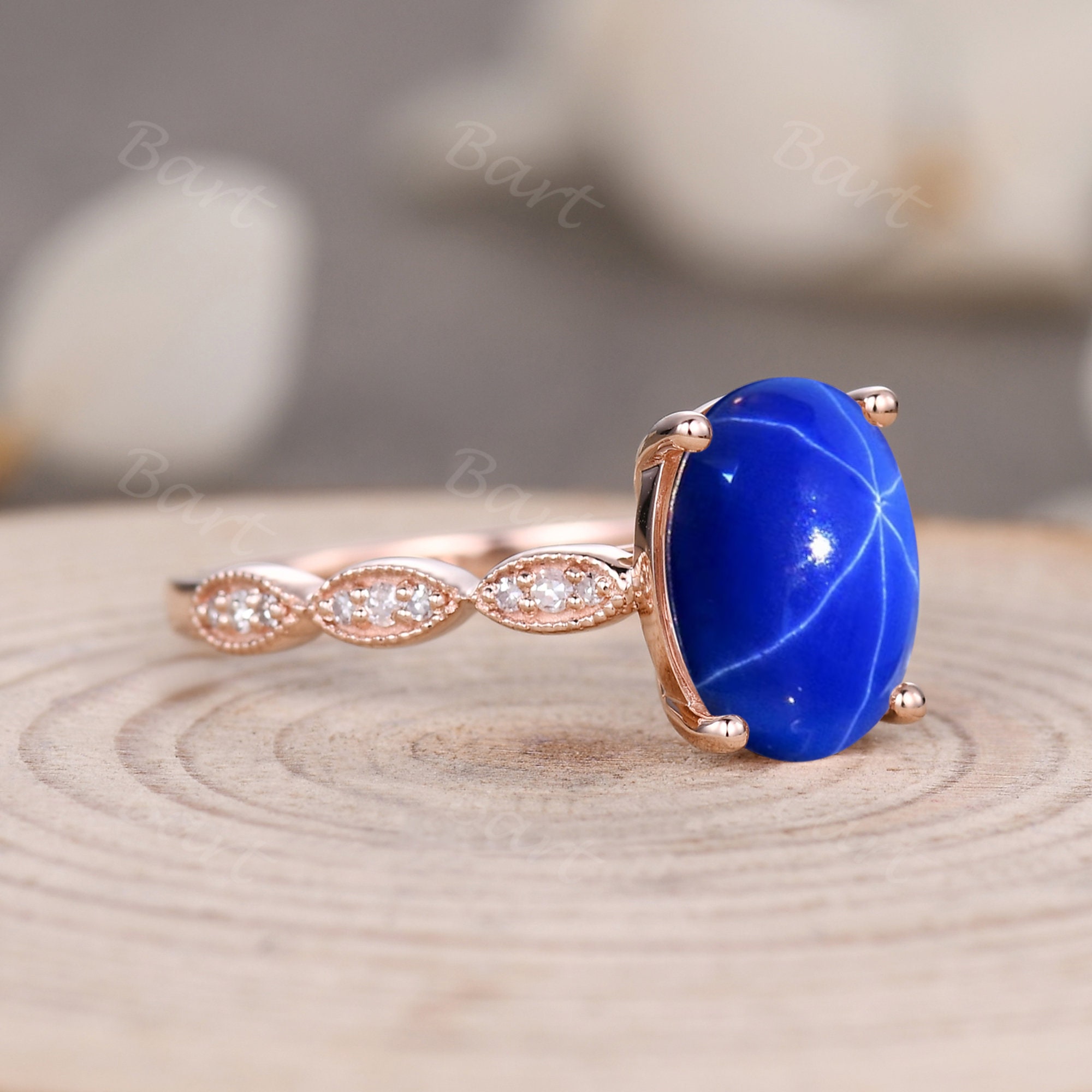 14k Rose Gold Blue Star Sapphire Engagement Ring Set Oval Shaped Blue Star Sapphire Wedding Ring Set Art Deco Leaf Style Engagement Ring Set