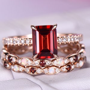 6x8mm Emerald Cut Garnet Engagement Ring/14k rose gold/Half eternity Ring/Opal wedding ring/Emerald cut red birthstone/ball prongs/Marquise