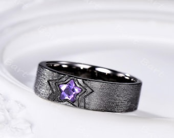 Mens Star Shaped Cut Amethyst Wedding Band Unique Black Gold Purple Gemstone Stack Ring Brushed Finished February Birthstone Gift for Him