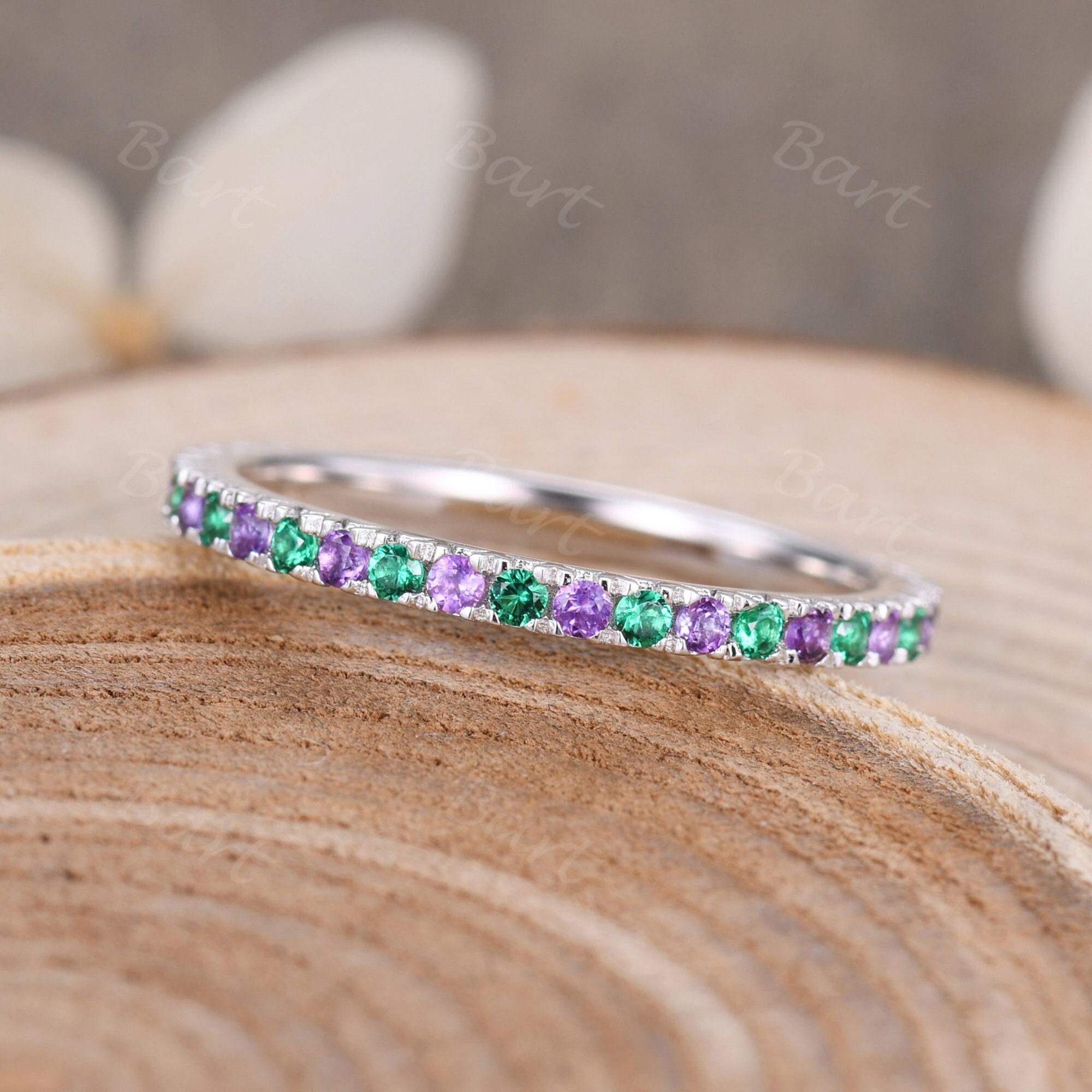 14k White Gold Natural Emerald Amethyst Wedding Band Full Etsy